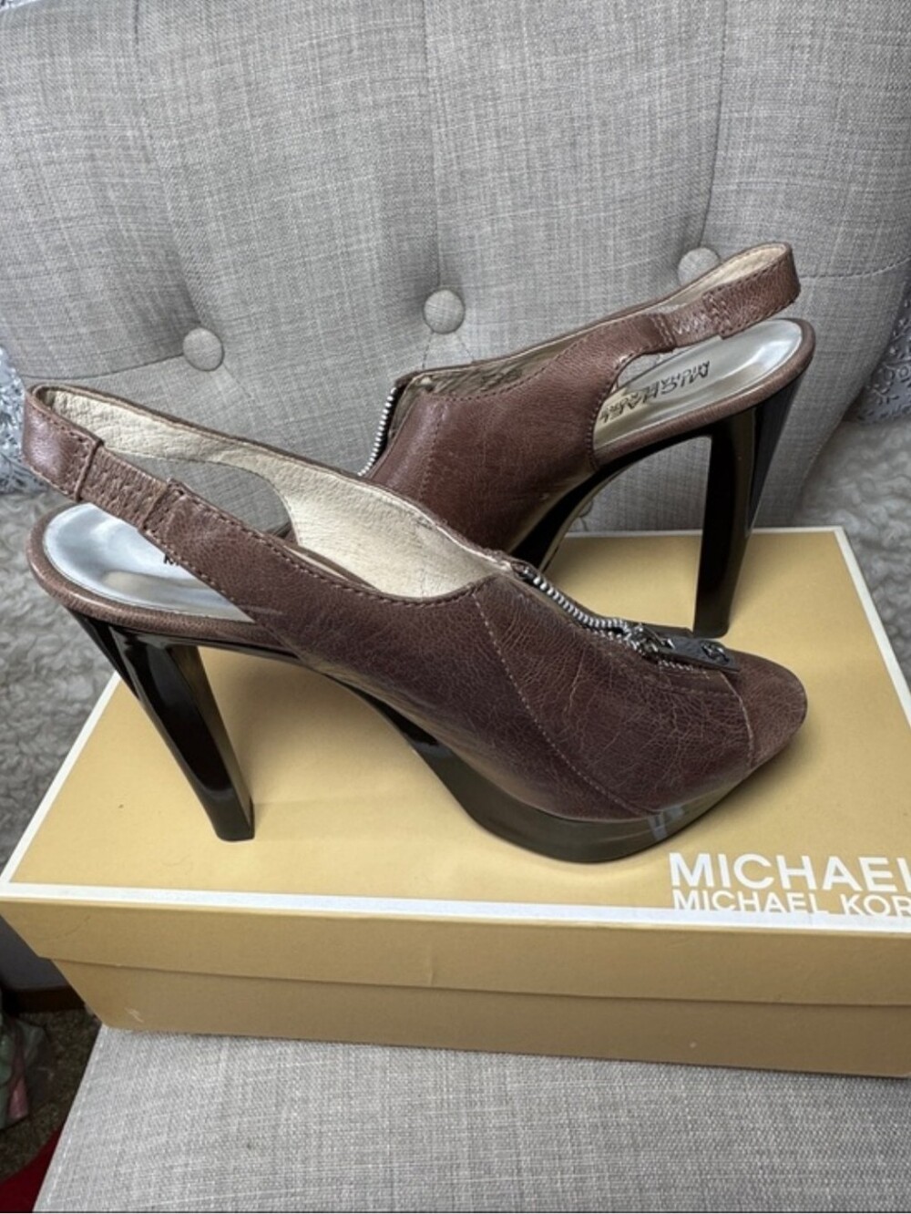 Michael Kors Brown Leather Peep-Toe Slingback Platform Heels